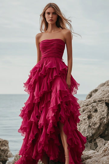Fuchsia Ruffle A Line Strapless Long Formal Dress with Slit